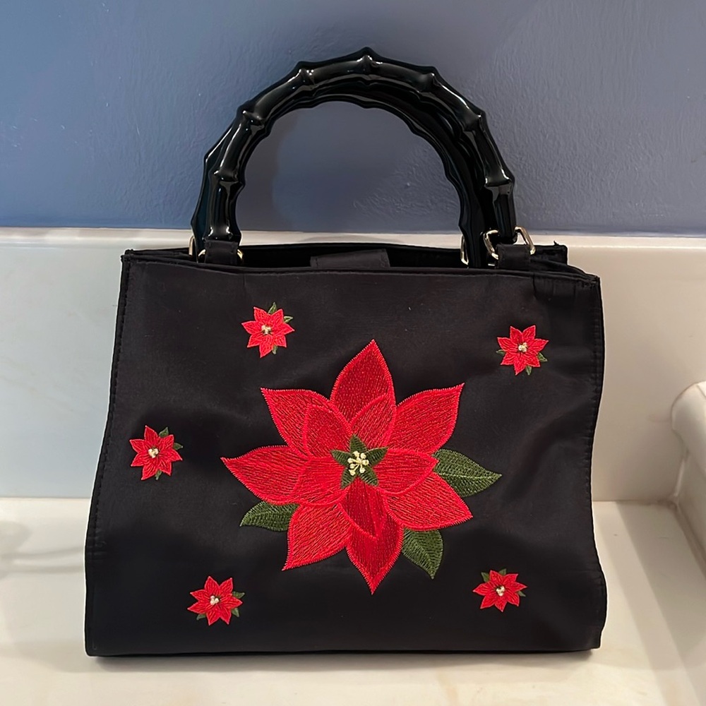 Tianni Black Bamboo Handle Bag Embroidered Poinsettia Floral Design LIKE NEW